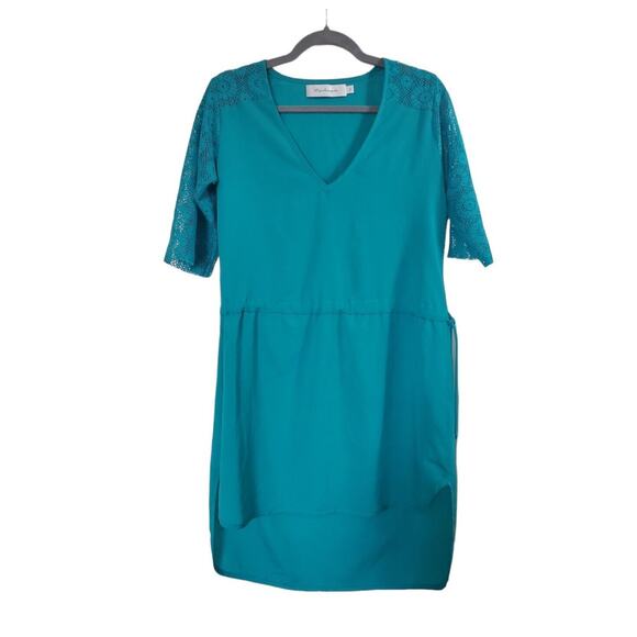 T-Bags Los Angeles Crochet Green Teal Shift Tie-Waist Mini Dress, Size Small - Picture 1 of 10